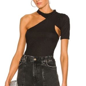 RtA Black Ribbed Knit One Shoulder Cut Out Moto Azalea Top Tee Shirt Revolve